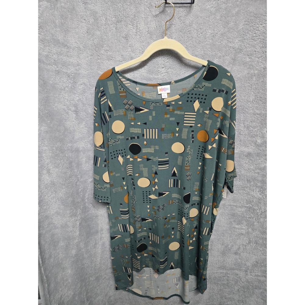 LuLaRoe Irma Tunic Top Large Teal Geometric Abstract High Low Elbow Sleeve L